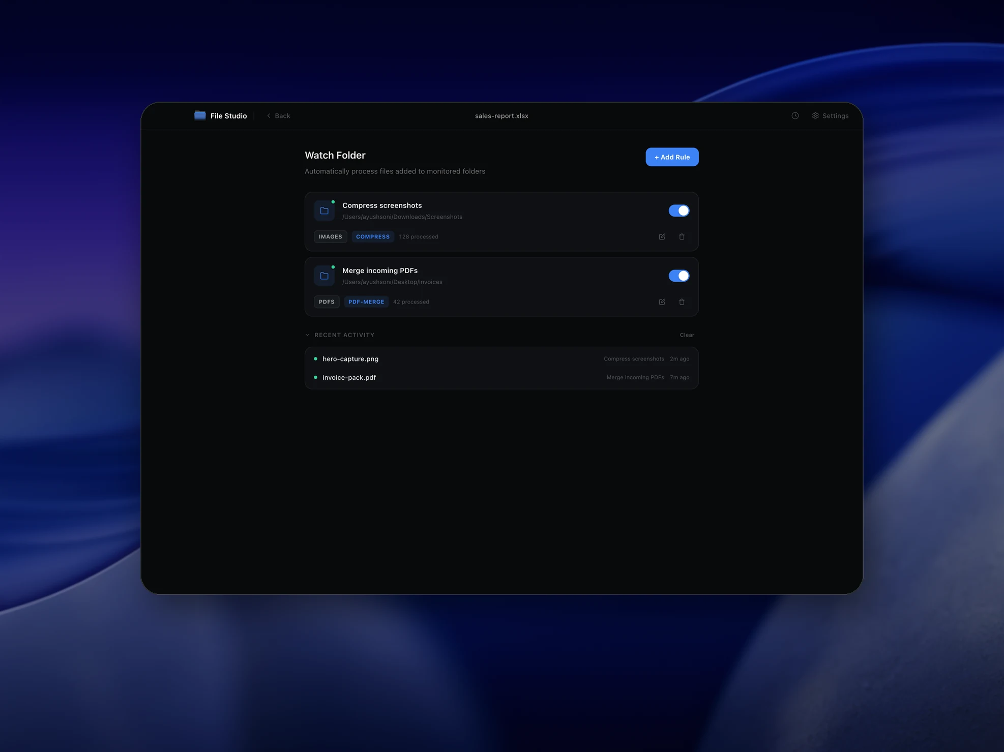 Any File to Automated Output tool preview in File Studio dark mode