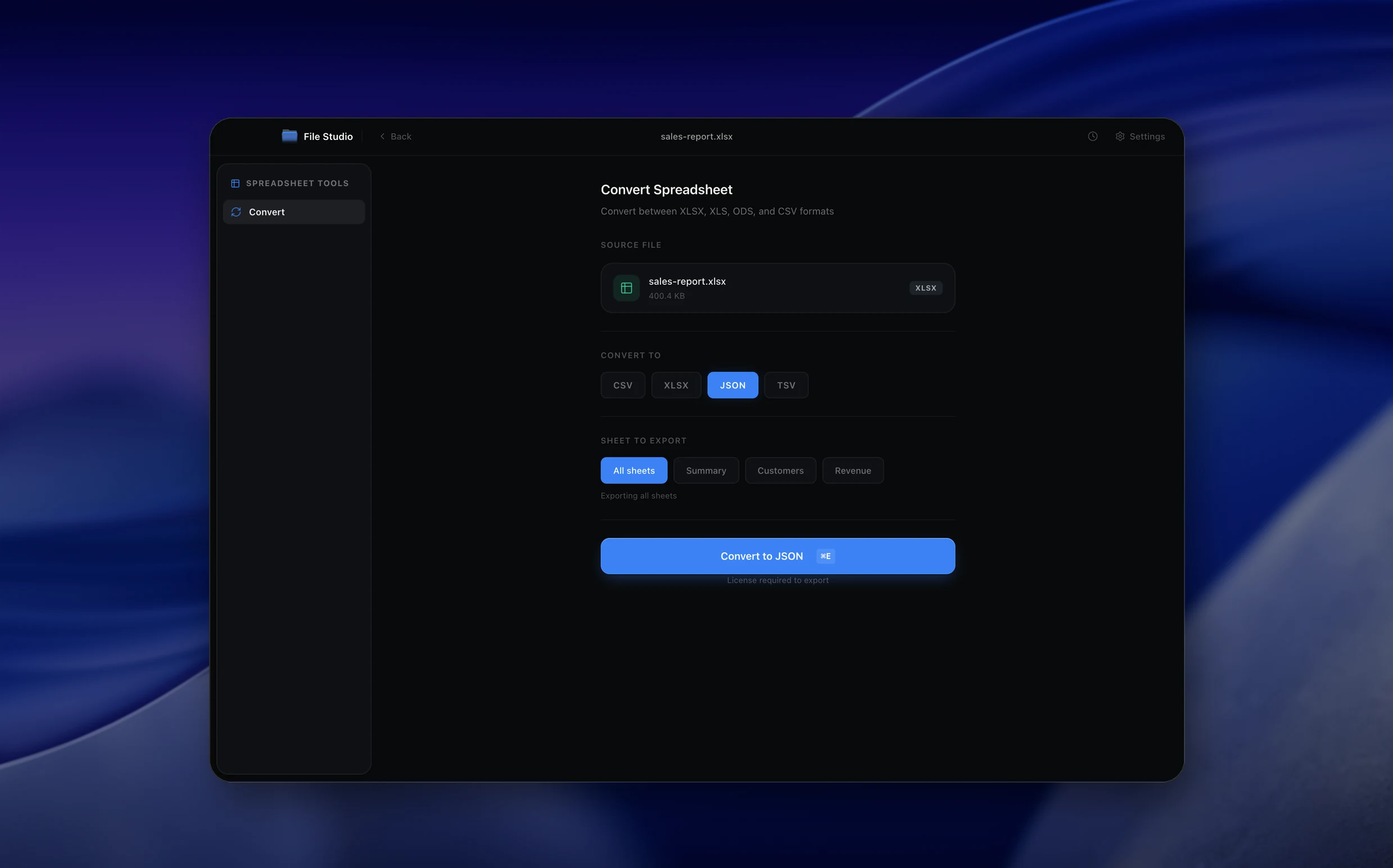CSV to Excel tool preview in File Studio dark mode